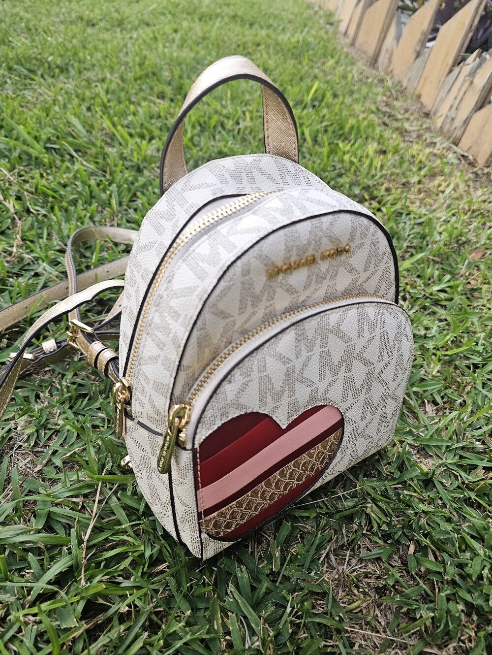 Michael Kors Mini Beige Logo Mini Backpack with Red Heart Accent